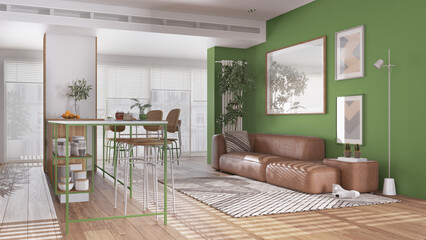 Contemporary green and wooden living and dining room in modern panoramic apartment. Island with stools, table with chairs, sofa, carpet and decors. Interior design concept