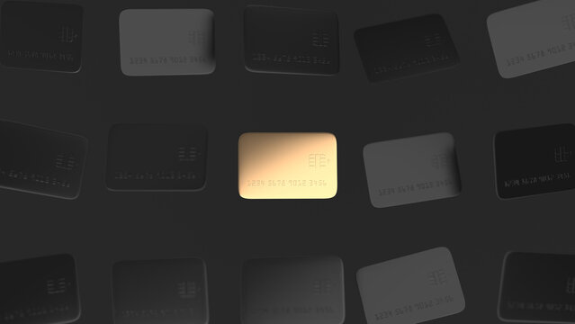 Gold credit card flying among black credit cards on black background, 3d render