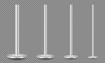 Realistic metal poles collection isolated on transparent background. Glossy steel pipes of various diameters. Billboard or advertising banner mount, holder. Vector illustration.