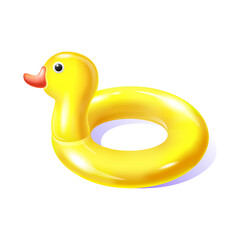 Yellow cute duck inflatable swimming ring isolated on white  background. Rubber buoy for summer vacation, kid party, sea beach. Design for poster, banner, print