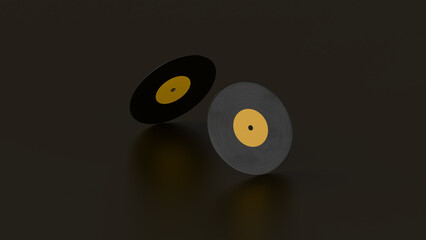 Vinyl records ride in circle on black background. 3D rendering.