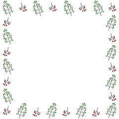 Vector illustration of a frame for text, a postcard with an ornament of twigs with berries and leaves on a white background. The elements of the pattern are drawn by hand.