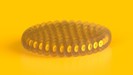 Transparent vinyl records stand in circle on yellow background, 3d rendering.