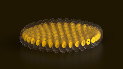 Transparent vinyl records stand in circle on black background, 3d rendering.