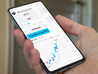 Exchange-Traded Fund chart, Small capitalizations stock market data. Business analysis of a trend. Invest in international ETF. Buying strategic micro cap ETF