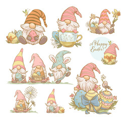 Collection of Easter designs with funny spring gnomes, easter eggs, bunny ears isolated. Vector hand drawn sketch vintage style illustration. For cards, invitations, prints, banners etc.