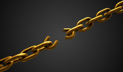 3d illustration of a gold chain with broken weak link on a gray background