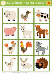 Vector farm animals and birds memory game cards with cute cow, hen, sheep, goat. On the farm matching activity. Remember and find correct card. Simple printable worksheet for kids.
