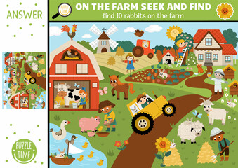 Vector farm searching game with rural village landscape and farmers. Spot hidden rabbits in the picture. Simple on the farm or Easter seek and find educational printable activity for kids with bunny © Lexi Claus