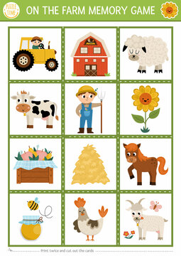 Vector on the farm memory game cards with cute traditional rural symbols. Farm garden matching activity. Remember and find correct card. Simple printable worksheet for kids.