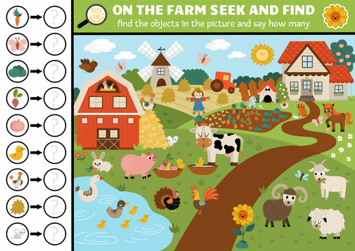 Vector farm searching game with rural countryside landscape. Spot hidden objects in the picture and say how many. Simple fantasy seek and find and counting educational printable activity for kids.