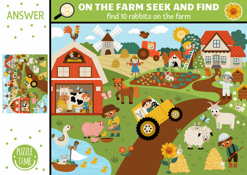 Vector farm searching game with rural village landscape and farmers. Spot hidden rabbits in the picture. Simple on the farm or Easter seek and find educational printable activity for kids with bunny