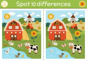 Foto op Plexiglas Find differences game for children. On the farm educational activity with cute barn house, rural landscape, tractor. Farm puzzle for kids with farm scene. Village printable worksheet. © Lexi Claus