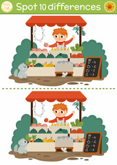 Find differences game for children with boy selling fruit and vegetables on market stall. On the farm educational activity with cute vendor. Farm puzzle for kids. Printable worksheet or page.