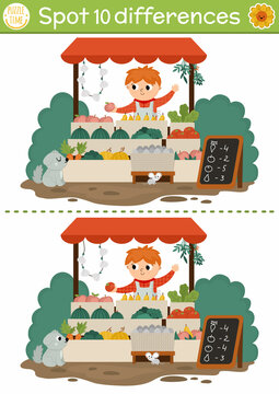 Find Differences Game For Children With Boy Selling Fruit And Vegetables On Market Stall. On The Farm Educational Activity With Cute Vendor. Farm Puzzle For Kids. Printable Worksheet Or Page.