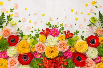 Beautiful flowers composition. Arrangement of anemones, roses, ranunculus, tropical flowers,...
