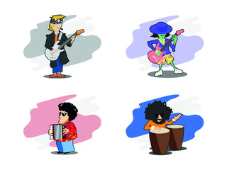 Set of Musician vectors - metal guitarist club guitarist accordion player and drummer