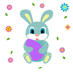 Vector illustration, card with blue Easter bunny, egg and flowers on a white background.