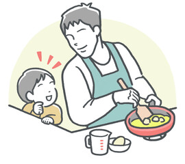 子どもと話しながら、キッチンで料理する若い男性