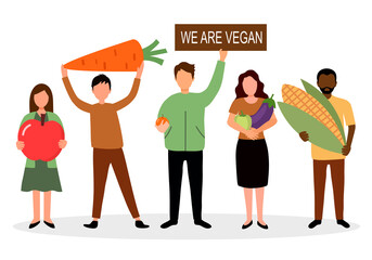 We are vegan concept vector illustration. Man and woman holding fruit and vegetables in flat design.