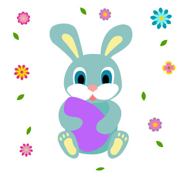 Vector illustration, card with blue Easter bunny, egg and flowers on a white background.