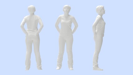3D rendering of a mature female standing with her arms behind her back smiling.