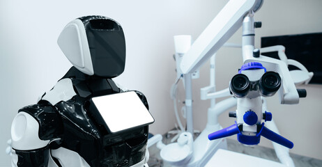 Robot and medical microscope. Artificial intelligence in medicine concept