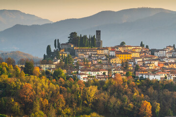 Barga village at sunset in autumn. Garfagnana, Tuscany, Italy.