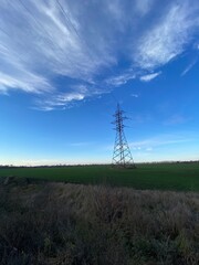 Vertical shot of transmission lines and tower in the field on a beautiful sunny day