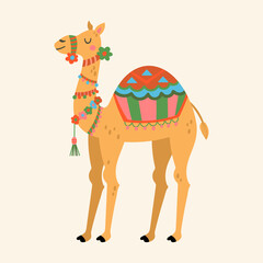 Cute decorated camel character design.  Childish print for cards, stickers, apparel and nursery decoration
