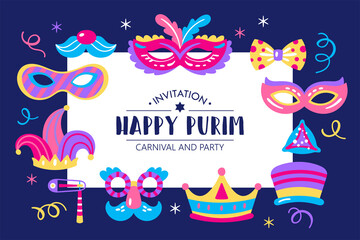 Purim holiday banner design with carnival mask and Purim party elements. Childish print for cards, party invitation and poster