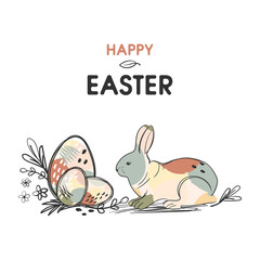 Happy Easter creative greeting card with hand-drawn textures. Easter background with rabbit and an eggs. Easter greeting card vector.
