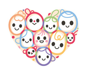 illustration traits colorés style graffiti, cœur composé d'une famille, amis, groupe, communauté, sentiment de bonheur et d'amour, entraide et vivre ensemble, fun et ludique, couleurs joyeuses