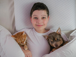 Obraz premium Boy and the dog, cat lie in bed. Emotions of happiness and joy. live style. copy space