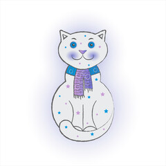 Kitten toy smiling on a white background. Cat in a scarf with stars. Sticker or emblem for children's clothing.