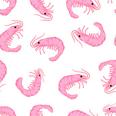 Pink Prawn pattern. Seamless hand drawn vector pattern . Seafood concept. Mediterranean food pattern. Seafood texture design for web banner and print.