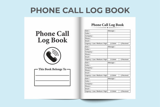 Phone call KDP interior journal template. Phone call incoming and outgoing tracker notebook interior. KDP interior log book. Business essential phone call and message tracker logbook template.