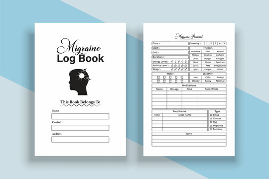 KDP interior Migraine tracker notebook template. Headache medication planner and pain tracker log book interior. KDP interior journal. Migraine pain tracker logbook and medication planner template.