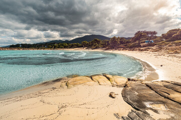 Famous empty Karydi Beach near the village of Vourvourou on the Sithonia Peninsula in the Halkidiki region. Visit tourist destinations and resorts of Greece