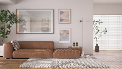 Modern minimalist white and wooden living room in contemporary apartment with parquet. Brown leather sofa with pillow, capet, floor lamp and potted plants.Interior design concept