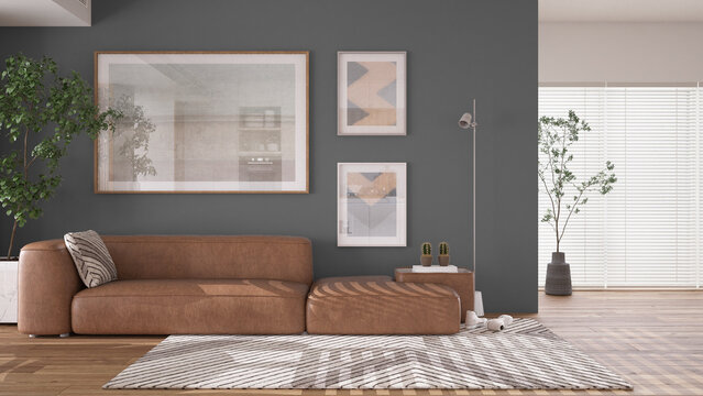 Modern minimalist gray and wooden living room in contemporary apartment with parquet. Brown leather sofa with pillow, capet, floor lamp and potted plants.Interior design concept