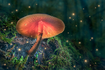 Magical forest with fireflies and glowing mushroom at dusk. - obrazy, fototapety, plakaty