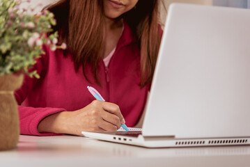 Woman with a pen using laptop at home, household accounting, work at home and online study internet technology concept.