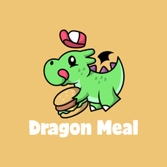 A CUTE GREEN DRAGON IS WEARING A HAT AND BRINGING A BIG BURGER. PREMIUM CARTOON LOGO.