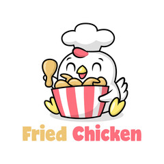 A CUTE CHICKEN IS WEARING 
A CHEF HAT AND BRINGING A BUCKET OF FRIED CHICKEN. PREMIUM CARTOON LOGO.