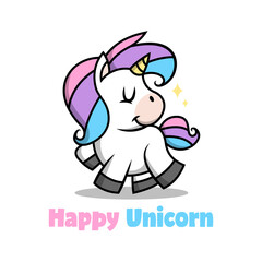 A CUTE SMILING UNICORN WITH COLOURFUL HAIR PREMIUM CARTOON LOGO.