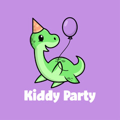 A CUTE GREEN PLESIOSAURUS IS WEARING A PARTY HAT AND BRINGING A BALOON. PREMIUM CARTOON LOGO.