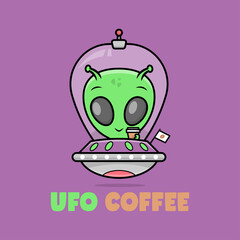 A CUTE ALIEN IS BRINGING A CUP OF COFFEE IN A UFO. PREMIUM CARTOON LOGO.