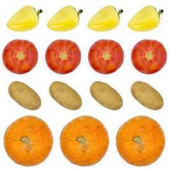 Frech raw vegetables isolated food pattern on white background.