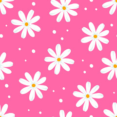 Seamless pattern with white daisies and spots on a pink background. Cute vector illustration.